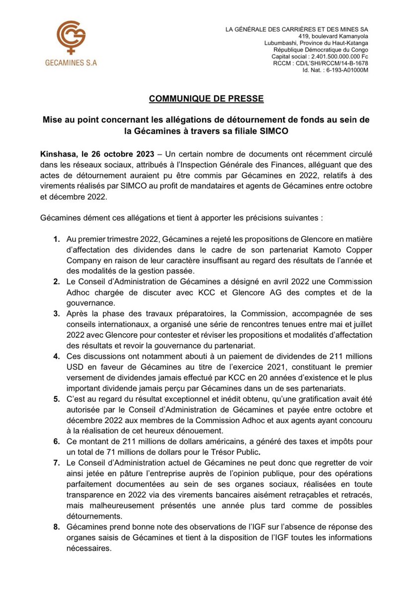 afrikarabia's tweet photo. #RDC La @Gecamines dément les allégations de détournements de fonds concernant sa filiale #Simco 👇 https://t.co/DwM9L5ZhUf