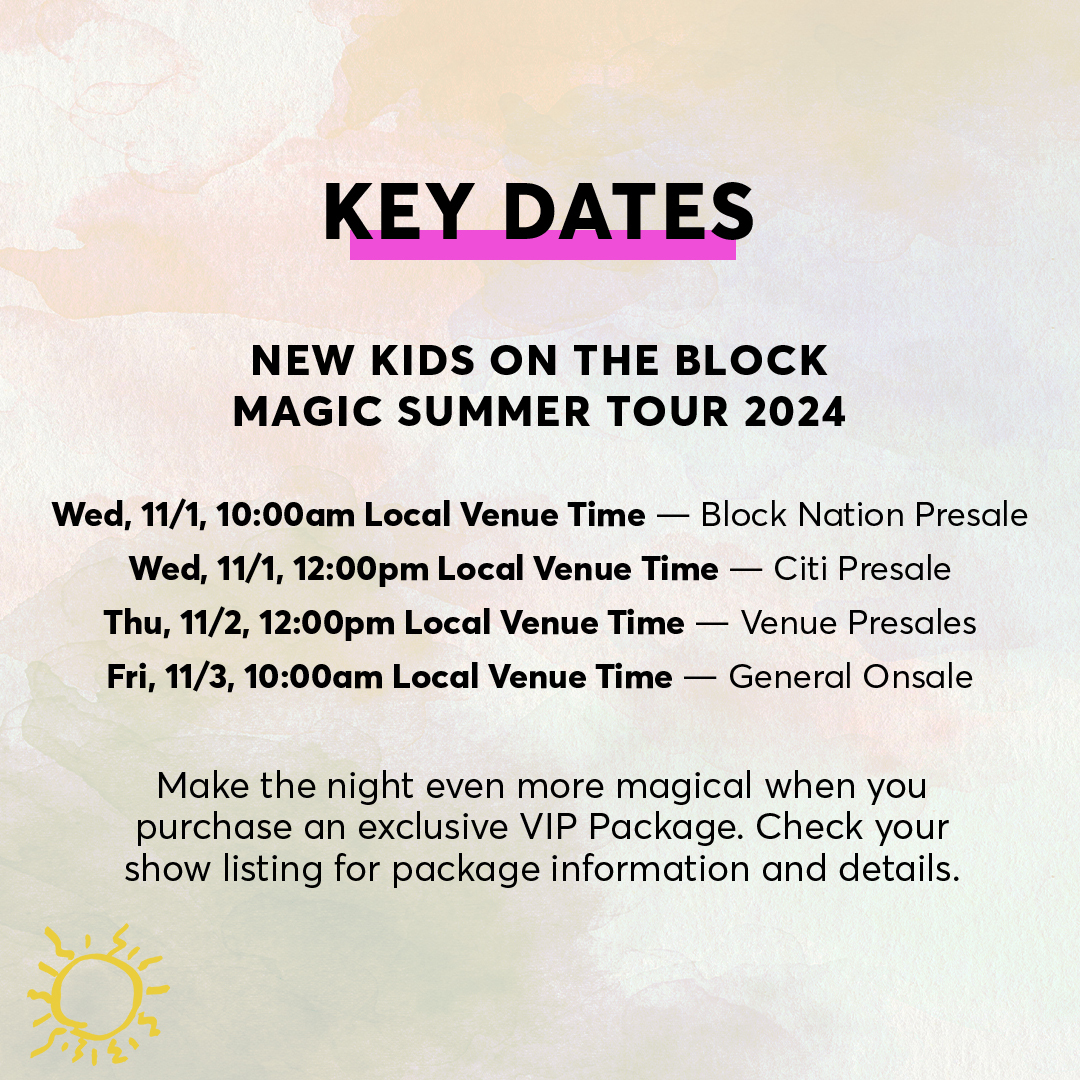 The boys are back! Don’t miss @NKOTB when they hit the road this summer with @PaulaAbdul and @DJJazzyJeff215. New Kids On The Block: MAGIC SUMMER TOUR 2024 tickets go on sale this week! Head over here for more deets: tinyurl.com/4ebeuzns