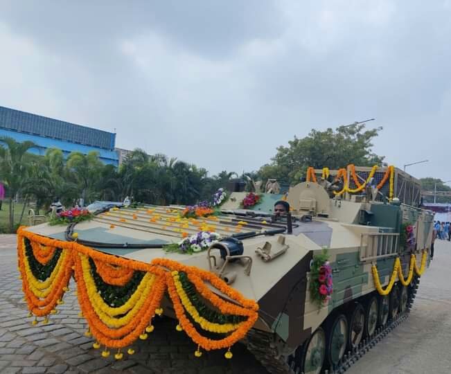 Ordnance Factory Medak (AVNL) today rolled out the first Carrier Command Post Tracked (CCPT) vehicle for the #IndianArmy.