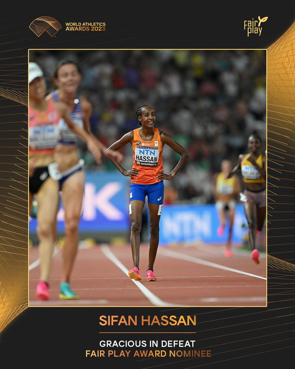 WorldAthletics's tweet photo. International Fair Play Award nominee ✨

Repost to vote for @SifanHassan 🇳🇱 reacting graciously in defeat after her fall in the women's 10,000m final at the #WorldAthleticsChamps 

Voting closes at midnight CET on Sunday 5 November.

#AthleticsAwards https://t.co/UZekRNC6rC