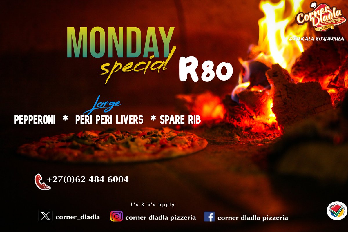 Beat the Monday blues with our sizzling wood-fired oven specials! 🔥Warm up on this cold, gloomy day with our mouthwatering 😋🍕 Large Pizza range, featuring the perfect blend of Pepperoni, Peri-peri Chicken Livers, and savory Spare Rib for only R80 each. #ZwakalaSoGawula 🇿🇦