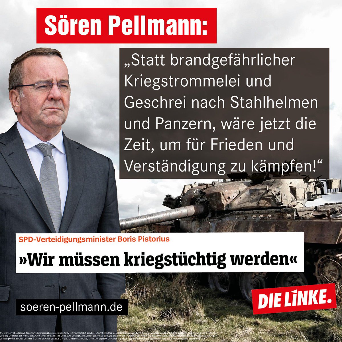 Statt brandgefährlicher Kriegstrommelei und Geschrei nach Stahlhelm und #Panzer|n, wäre jetzt die Zeit, um für #Frieden und #Verständigung zu kämpfen. Das Sondervermögen war scheinbar nur ein erster Schritt zur Aufrüstung. Das ist der falsche Weg!#Krieg #pistorius #Diplomatie