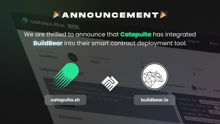 🚀🚀 Woot Woot. One more feat unlocked! 🚀🚀

We are thrilled to announce that <a href="/catapulta_sh/">catapulta</a>  has integrated <a href="/_BuildBear/">BuildBear Labs</a>  Sandbox into their smart contract deployment tool!

🧵