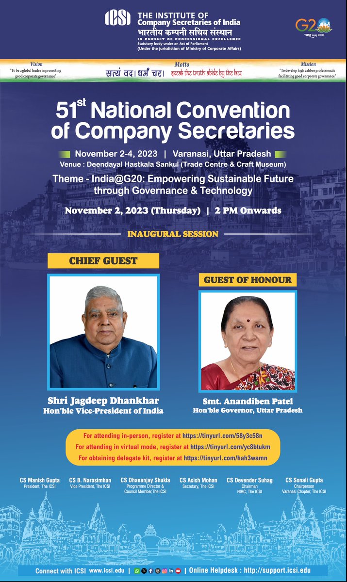 icsi_cs's tweet photo. Hon’ble Vice-President of India and Hon’ble Governor of Uttar Pradesh to grace the #ICSI 51st National Convention of #CompanySecretaries #ICSIConvention #ICSIGovCon @VPIndia @anandibenpatel @GovernorofUp @g20org https://t.co/Z26rbW1CJc