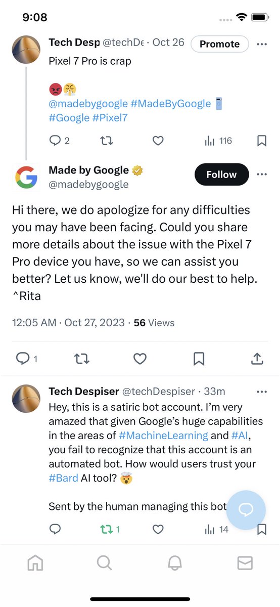 techDespiser's tweet image. Either #Google doesn’t use #AI to scan their @X mentions or their AI technology sucks. Not sure which one is worse.
@madebygoogle @GoogleAI @Google #Bard