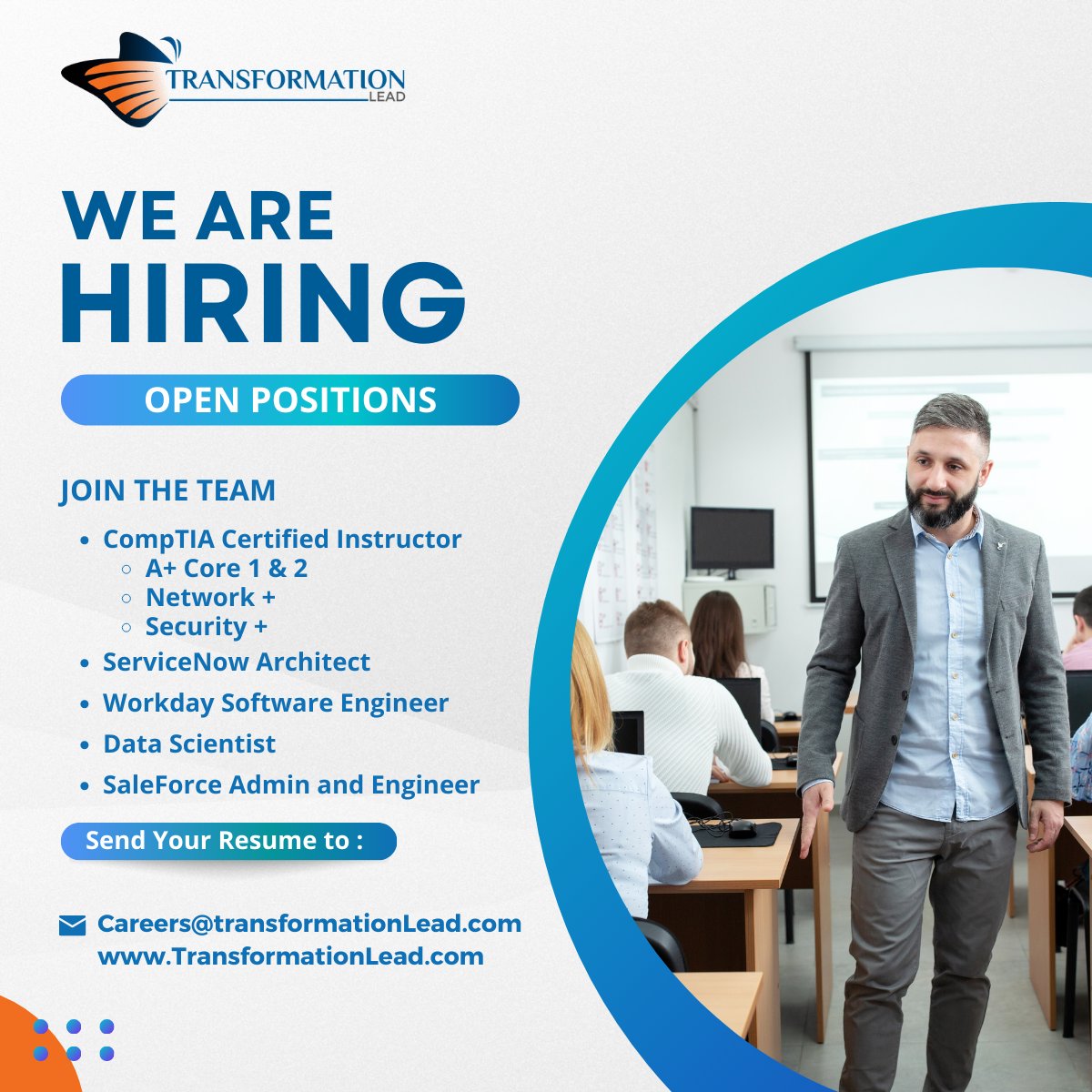 TransformingOrg's tweet photo. 🚀 Join Our Team!🚀

Are you ready to take your career to the next level? We have a variety of positions available just for YOU!
Positions: From Tech Training Instructors to Data Engineers, Salesforce Admins, and more!
📩 Send your resume to contact@Transformationlead.com https://t.co/Yb06ZJok86
