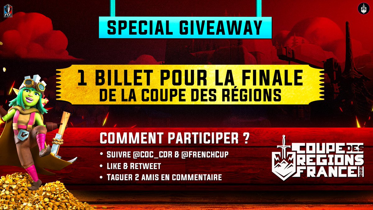 French Clash Cup (@frenchcup) on Twitter photo 🎉 GIVEAWAY 🎉
📣 La FCC vous offre 1 billet pour assister à la finale de la Coupe des régions qui aura lieu à Paris le 4 novembre 2023! 🥳
Comment participer ?
1️⃣ Suivre <a href="/COC_CDR/">Coupe des Régions</a> & <a href="/FrenchCup/">French Clash Cup</a>
2️⃣ Like & Retweet 🔄❤️
3️⃣ Taguer 2 amis en commentaire 👨🏼🤝👨🏾
TAS le 1er novembre ⌛️ 🎉 GIVEAWAY 🎉
📣 La FCC vous offre 1 billet pour assister à la finale de la Coupe des régions qui aura lieu à Paris le 4 novembre 2023! 🥳
Comment participer ?
1️⃣ Suivre <a href="/COC_CDR/">Coupe des Régions</a> & <a href="/FrenchCup/">French Clash Cup</a>
2️⃣ Like & Retweet 🔄❤️
3️⃣ Taguer 2 amis en commentaire 👨🏼🤝👨🏾
TAS le 1er novembre ⌛️