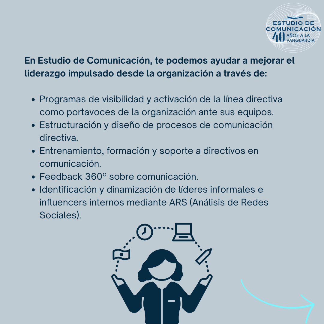 EstComunicacion's tweet photo. 🚀 ¿Cómo podemos impulsar el liderazgo desde la organización? Hoy en los #LunesdeComunicaciónInterna, analizamos la importancia de la comunicación directiva y os presentamos nuestros servicios. https://t.co/fG1JnO8Jw2