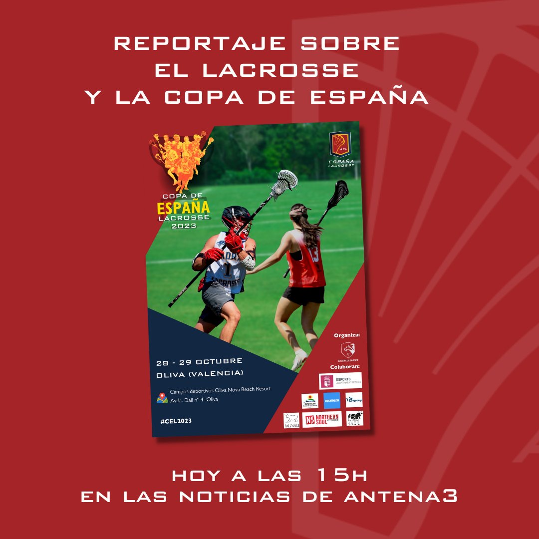Hoy a las 15:00h se emitirá en las noticias de <a href="/A3Noticias/">Antena 3 Noticias</a>  un reportaje sobre el Lacrosse y la Copa de España 2023 que ha tenido lugar este fin de semana en <a href="/olivanovaresort/">Oliva Nova</a> 
#somoslacrosse #españalacrosse #copadeespaña #cel2023