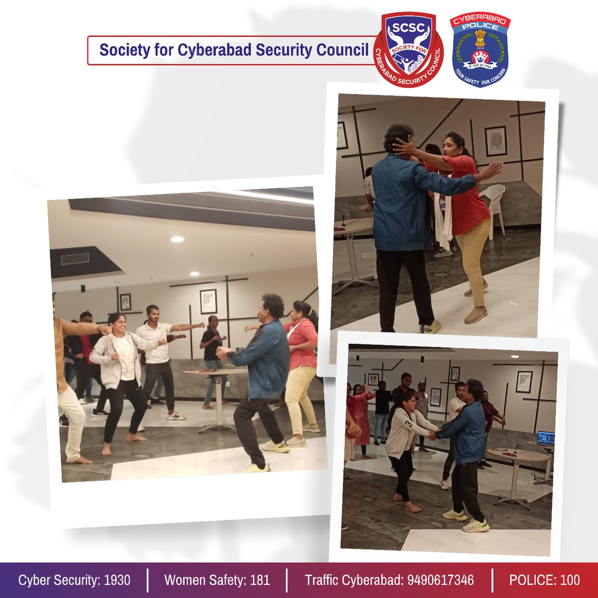 Society for Cyberabad Security Council(SCSC) successfully completed a Self Defence Workshop on Friday evening for Teleperformance. 💪👊

#SelfDefenseTraining #StaySafe #SafetySkills #SelfDefense #PersonalSecurity #empowerment #LearnToDefend #SelfProtection #SCSCEvents #women