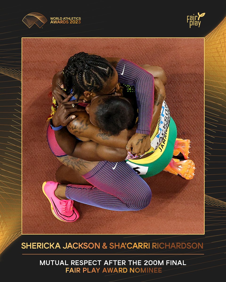 International Fair Play Award nominees ✨

Repost to vote for @itskerrii 🇺🇸 and <a href="/sherickajacko/">Shericka Jackson</a> 🇯🇲 embracing spontaneously after the women's 200m final at the #WorldAthleticsChamps

Voting closes at midnight CET on Sunday 5 November.

#AthleticsAwards