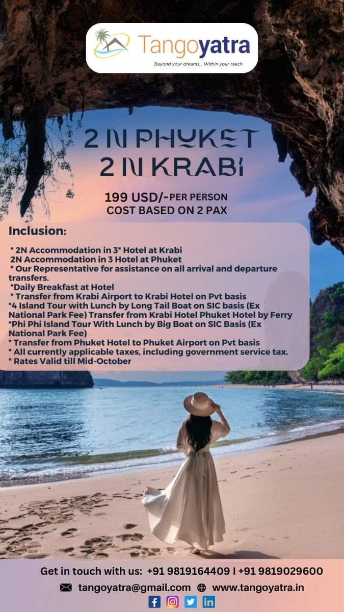 tangoyatra's tweet photo. 🌴Phuket &amp; Krabi Getaway!
Discover the beauty of Thailand with a 4-night escape to Phuket and Krabi for just $199 per person (cost based on 2 pax)
Book now with Tango Yatra at 098191 64409 / +91 9819029600 https://t.co/fecz98V8L0  #PhuketKrabiGetaway #TravelThailand #BookNow https://t.co/cTIpyyxwb2