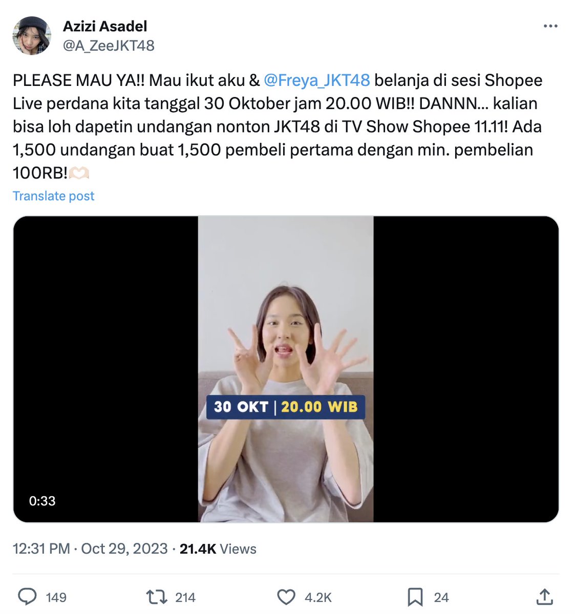 winggurasi's tweet photo. @ShopeeID Live nya kerenn abisss ga bosen
https://t.co/PbQvprKeJy
#ZeeFreyaJKT48ShopeeLive https://t.co/GEUB3cVoNX