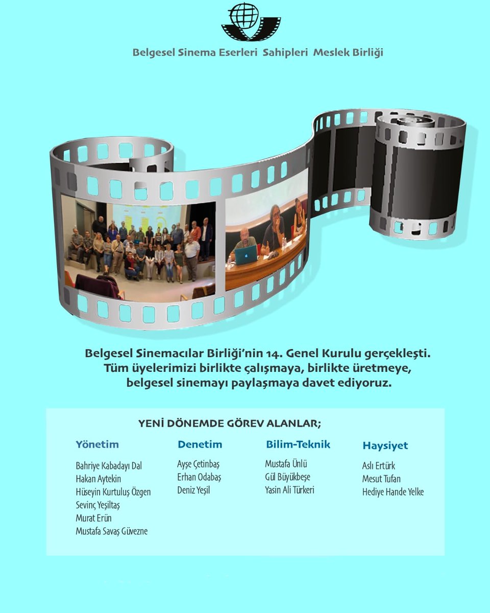 Belgesel Sinemacılar Birliği'nin 14. Genel Kurulu gerçekleşti. Tüm üyelerimizi birlikte çalışmaya, birlikte üretmeye, belgesel sinemayı paylaşmaya davet ediyoruz.