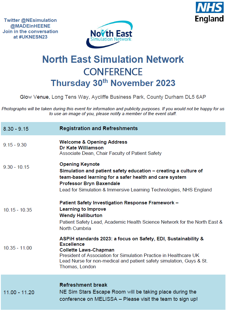 NEsimulation's tweet photo. Exciting full conference programme now available for the NESN Conference 2023. There is a focus on patient safety, civility, and the role of sim based education teams in patient safety. Places still available
https://t.co/0lt8dtpLkW
Please only register if attendance confirmed. https://t.co/V4LuO48aIc