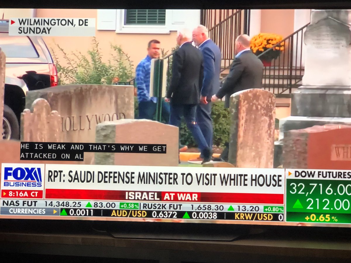 check it out; this morning on Varney. Biden on Sunday in Delaware, notice   #hollywood headstone & the headstone bottom right  #white the only 2 facing in that direction with titles.  #hollywoodisdead and so is #whitehouse ???  Anyone know where this is besides DE?