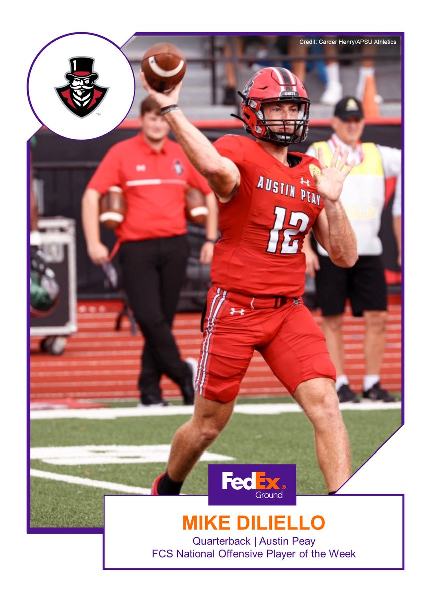OptaAnalystFCS's tweet image. FedEx Ground FCS National Offensive Player of the Week               

Congratulations to Austin Peay QB Mike DiLiello.

Story: tinyurl.com/2zh2xuyv

#TeamFedEx #FedEx