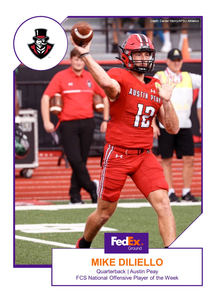 FedEx Ground FCS National Offensive Player of the Week Congratulations to Austin Peay QB Mike DiLiello. Story: tinyurl.com/2zh2xuyv #TeamFedEx #FedEx