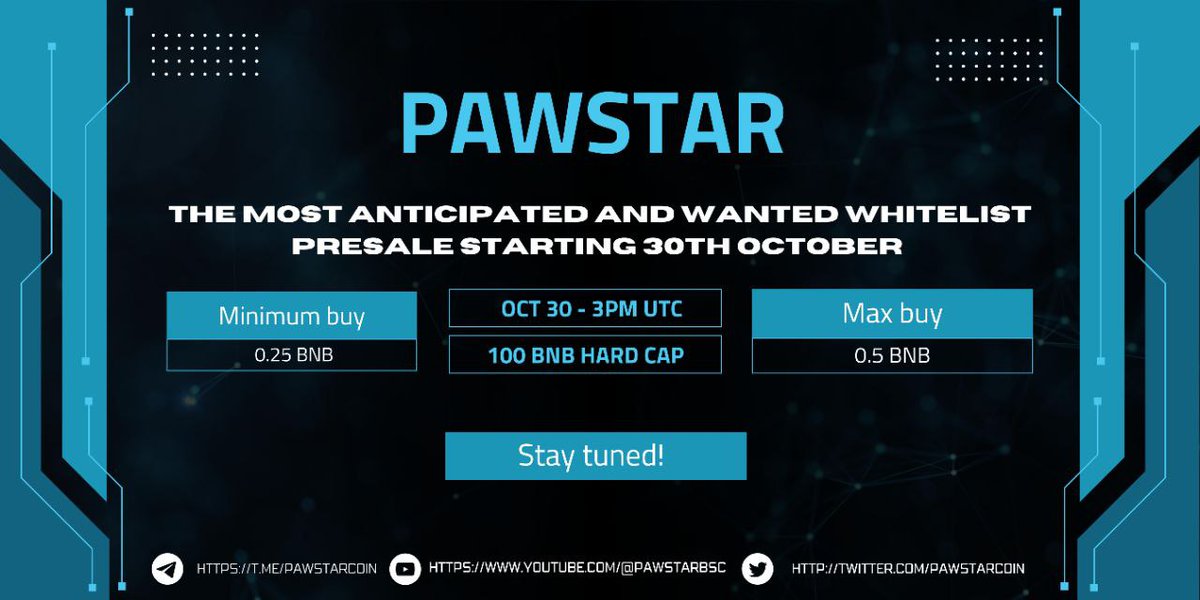 PawstarCoin's tweet photo. TODAY IS THE DAY #PAWSTAR SALE WILL BE LIVE 3PM UTC
https://t.co/Ixms69X08f
Join our community https://t.co/u8694sx4NA
#500x #bsc #bnbchain #btc #bnb #paws #pawschain https://t.co/EYUx9wUQV8