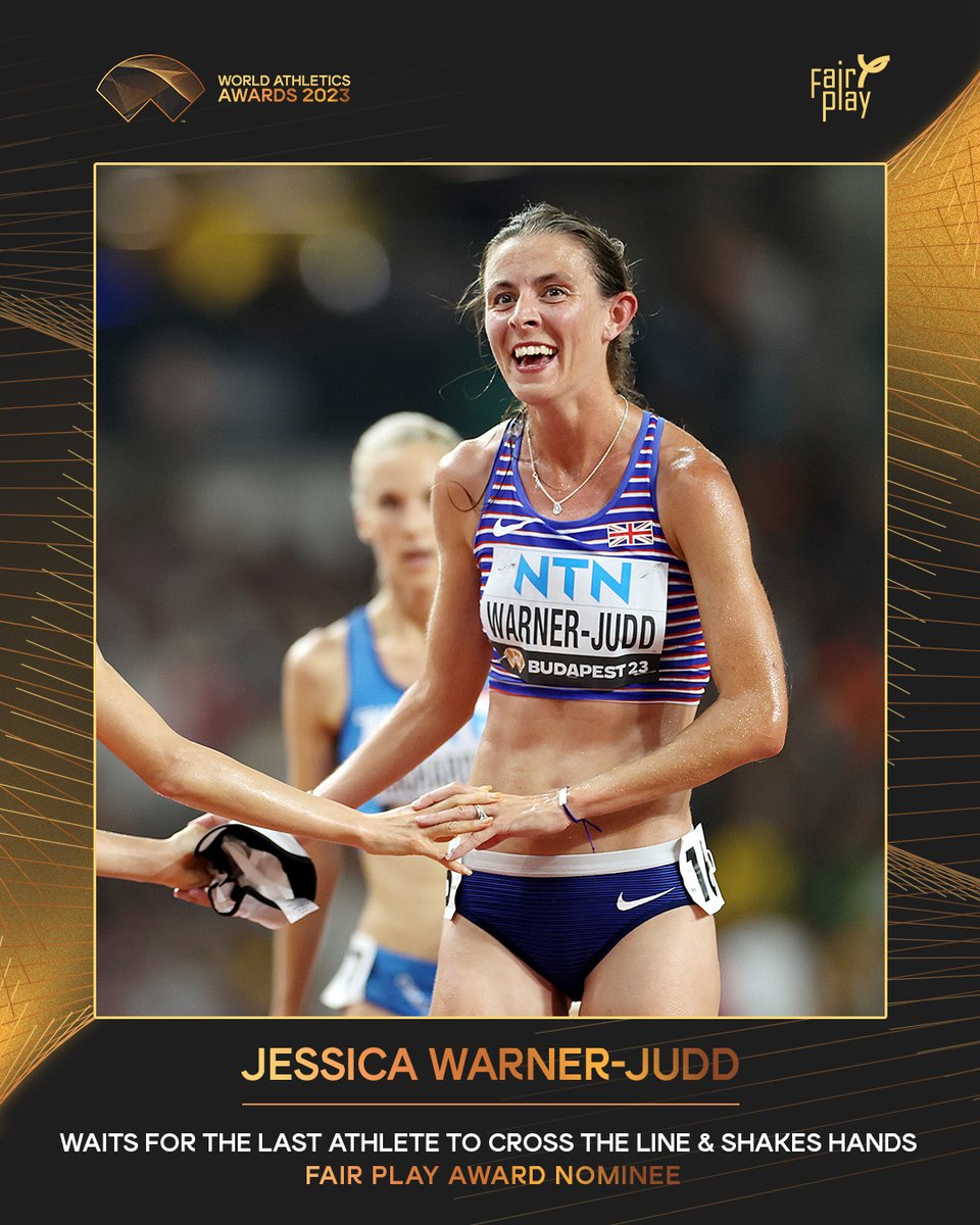 World Athletics (@worldathletics) on Twitter photo International Fair Play Award nominee ✨
Repost to vote for <a href="/jesswarnerjuddx/">Jess Warner-Judd</a> 🇬🇧 being the only athlete to wait and shake hands with the final placed runner in the women's 10,000m final at the #WorldAthleticsChamps
Voting closes at midnight CET on Sunday 5 November. International Fair Play Award nominee ✨
Repost to vote for <a href="/jesswarnerjuddx/">Jess Warner-Judd</a> 🇬🇧 being the only athlete to wait and shake hands with the final placed runner in the women's 10,000m final at the #WorldAthleticsChamps
Voting closes at midnight CET on Sunday 5 November.