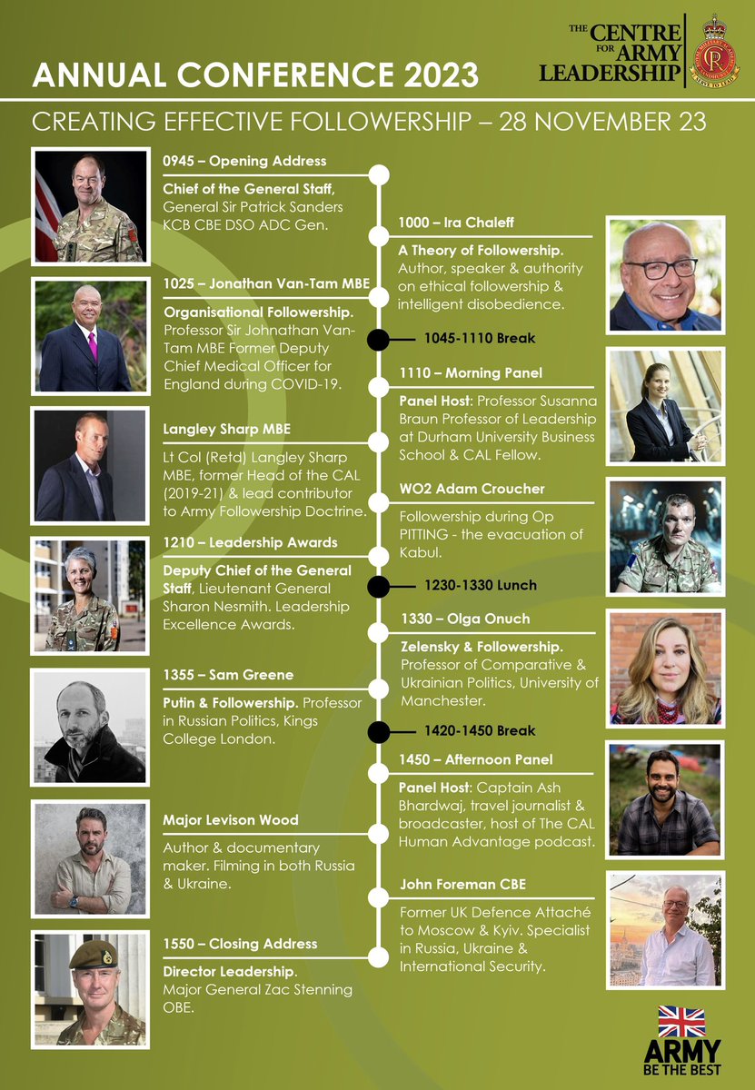 Army_Leadership's tweet image. The speakers for our annual Centre for Army Leadership Conference 2023, being held on 28 Nov, are confirmed. This year’s theme is ‘Creating Effective Followership’.

If you haven’t already signed up for the virtual event, you can do so using the following link:…
