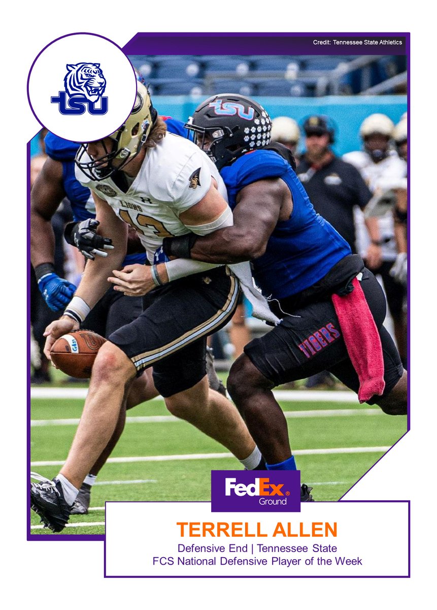 FedEx Ground FCS National Defensive Player of the Week Congratulations to Tennessee State DE Terrell Allen. Story: tinyurl.com/2zh2xuyv #TeamFedEx #FedEx