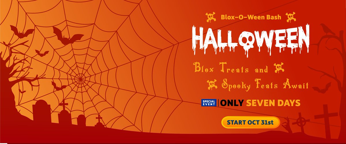 It's Blox-O-ween! 🎃🧟‍♂️
Blox, treats, and spooky feast awaits you! 🍬

Every day, different challenges for the trick-or-treat 🧙‍♂️ 
Event starts tomorrow, October 31!

Read more details in the following tweets ⬇️
#Bloxoween #openblox
