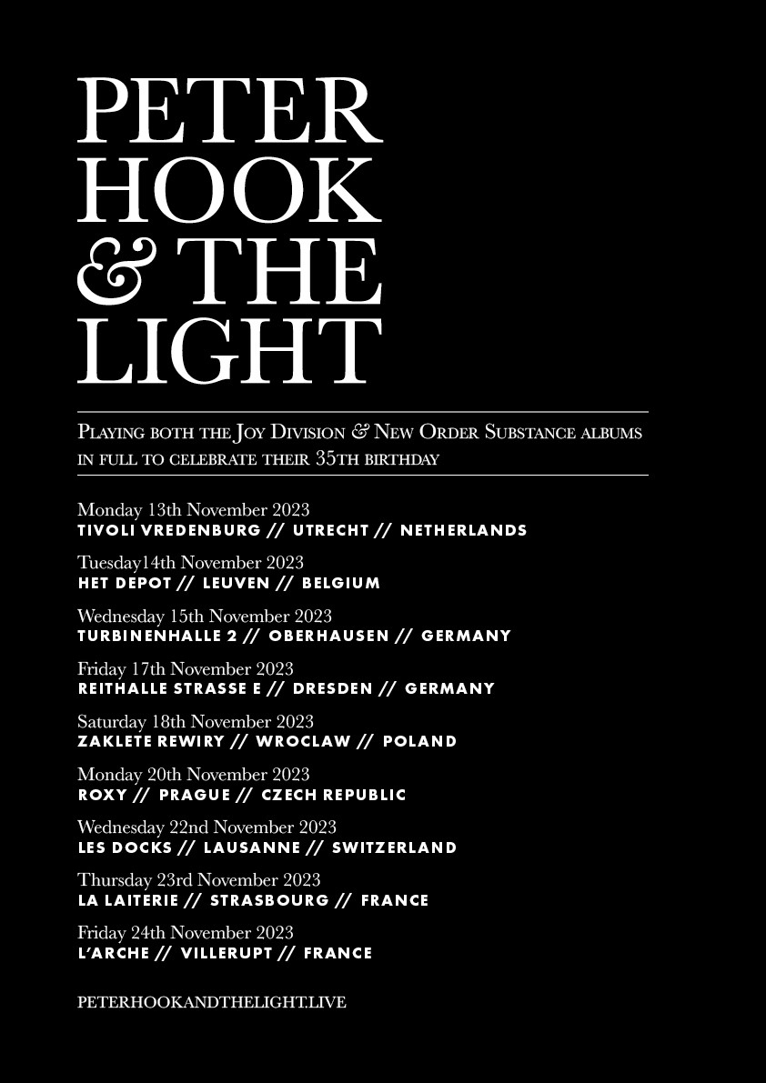 Just 2 weeks to go now until the @peterhook & The Light European tour dates begin. The band will perform both ‘Substance’ albums by @joydivision & @neworder live in the Netherlands, Belgium, Germany, Poland, Czech Republic, Switzerland & France. Tickets: peterhookandthelight.live
