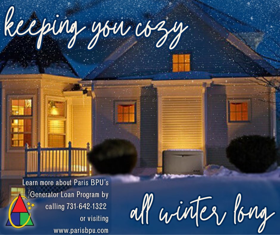 Paris_BPU's tweet photo. Don't let cooler temps give you the winter blues! Give Paris BPU a call today and let us keep you cozy all winter long with our Generator Loan Program! 🤗❄️

📲 731-642-1322
💻https://t.co/LKom8gJ9DB https://t.co/0F5rlnigWW