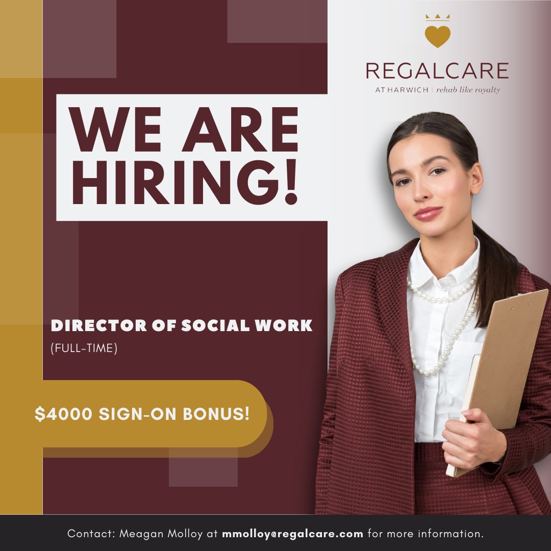 Calling all passionate social workers! RegalCare at Harwich is on the hunt for a dedicated Director of Social Work to join our dynamic team.

You're not just filling a role; you're becoming part of our close-knit family!

#SocialWorkCareers #JoinOurTeam #JobOpportunity