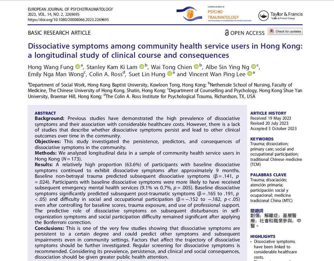 Andy H.W. Fung, PhD, RSW (@ahwfung) on Twitter photo Just got published online in #EJPT <a href="/Psychotraumatol/">Psychotraumatology</a>
#Dissociation symptoms were persistent to a certain degree and were associated with subsequent complex #PTSD symptoms and social-occupational impairments in the community.
tandfonline.com/doi/full/10.10…
With <a href="/StanleyKKLam/">Stanley Lam</a> <a href="/WT_Chien/">WT Chien</a> Just got published online in #EJPT <a href="/Psychotraumatol/">Psychotraumatology</a>
#Dissociation symptoms were persistent to a certain degree and were associated with subsequent complex #PTSD symptoms and social-occupational impairments in the community.
tandfonline.com/doi/full/10.10…
With <a href="/StanleyKKLam/">Stanley Lam</a> <a href="/WT_Chien/">WT Chien</a>