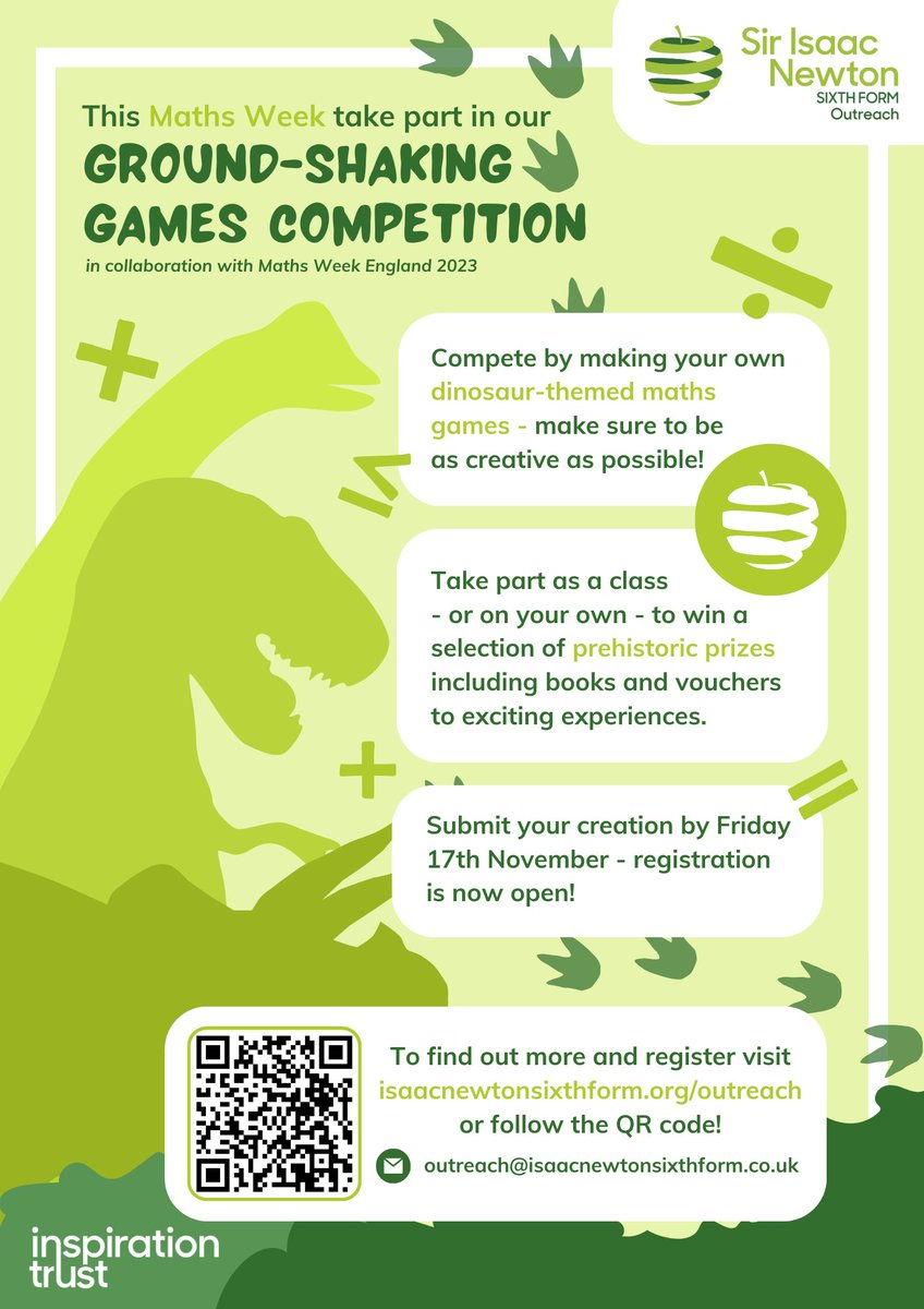 Take part in our 'Ground-shaking Games' Competition this Maths Week by creating your own dinosaur-themed maths game! 

Sign up below to enter. Registration closes Friday 10th November.

bit.ly/3Q4cgPa