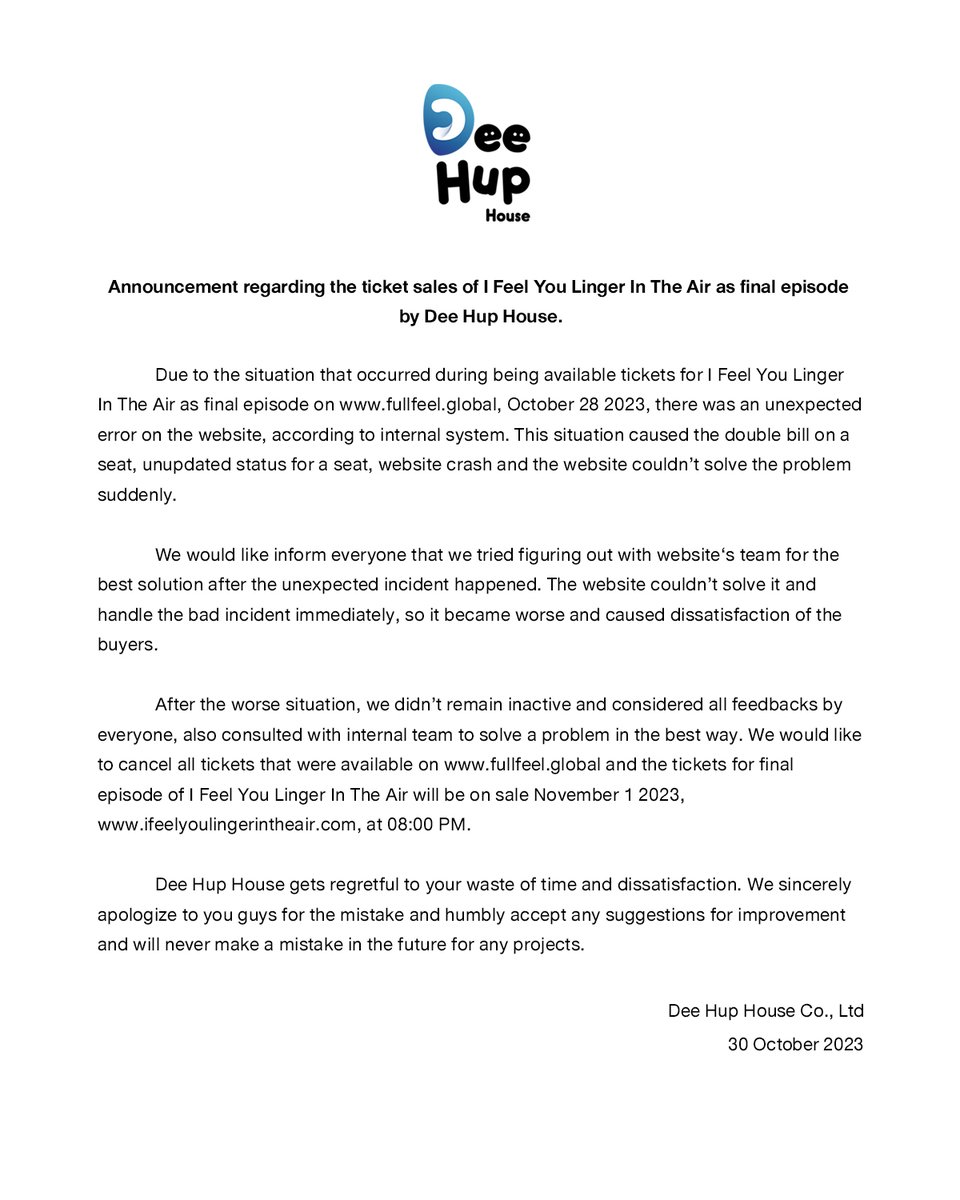 คำแถลงการณ์จากบริษัท ดี ฮัพ เฮ้าส์ จากกรณีการเปิดจำหน่ายบัตร หอมกลิ่นความรัก Final EP.ซีรีส์

ทางบริษัท ดี ฮัพ เฮ้าส์ ขออภัยในความผิดพลาดที่เกิดขึ้น และคิดไม่ละเอียดรอบคอบมากพอ จนทำให้เหตุการณ์บานปลายมาจนถึงตอนนี้ และเข้าใจถึงความผิดหวังจากทุกท่าน ทางบริษัท ฯ ไม่มีคำแก้ตัวใด ๆ