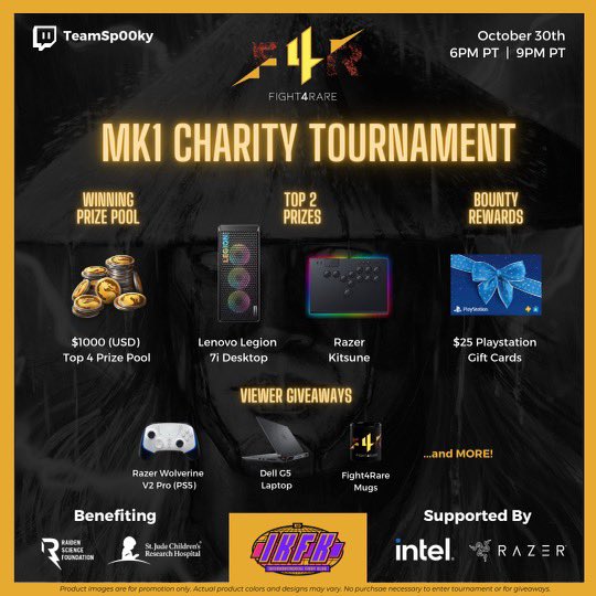 Charity MK1 tournament tonight! Support a great cause! Win great prizes! Learn more @Fight4Rare ⚡️ Twitch Link: twitch.tv/teamsp00ky Sign up to Fight (NA PS5 only): start.gg/tournament/ikf…