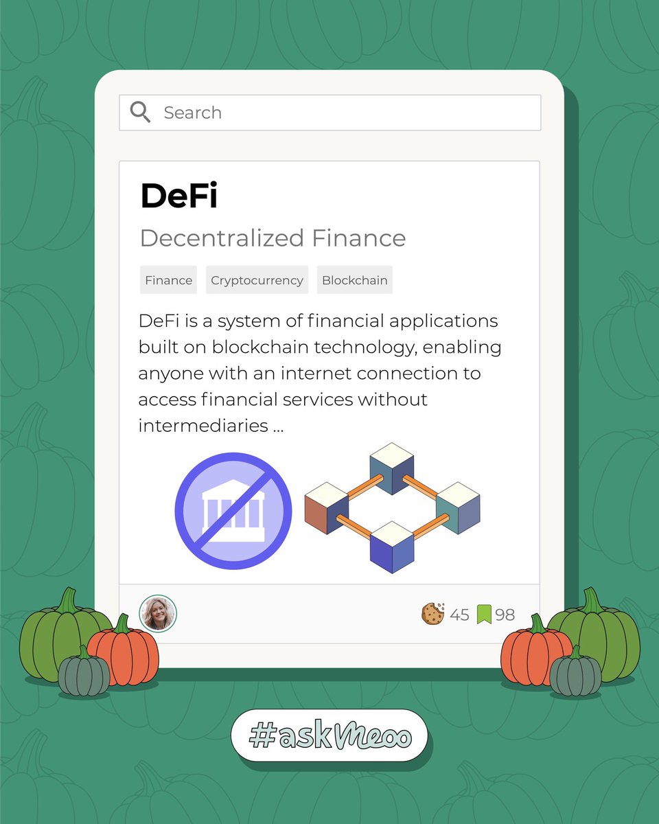 ask_meoo's tweet image. … Unlike traditional finance, DeFi is decentralized and operates on open-source, transparent protocols, allowing for trustless transactions. 

#askmeoo #acronymoftheweek #defi #blockchain #digitalwallet