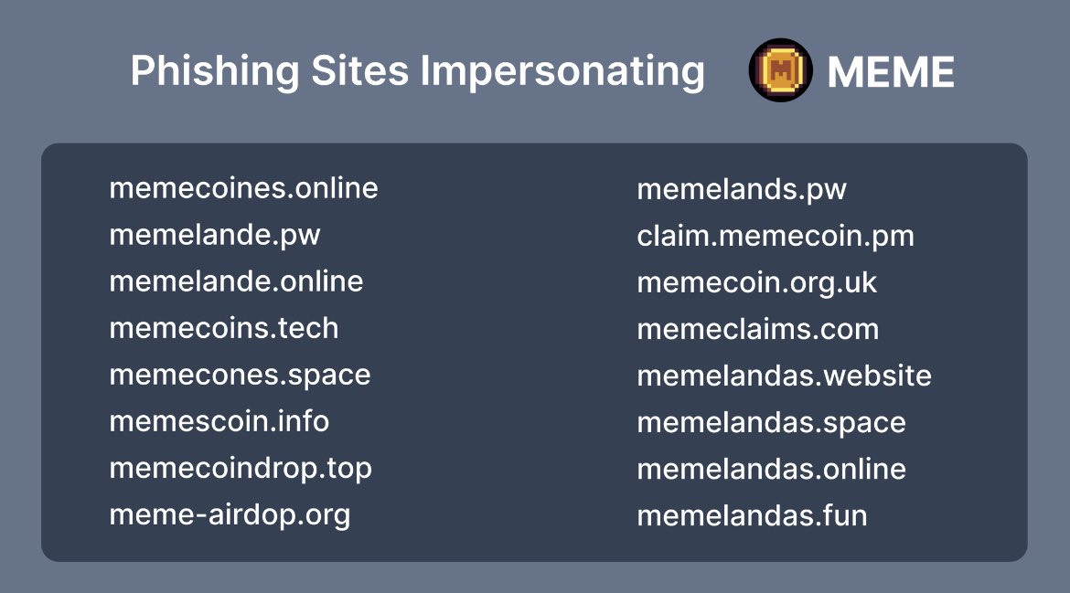 crypto_scam_'s tweet photo. beware of the phishing sites impersonating @Memeland!

there have been a lot of phishing sites impersonating them in the last few days. https://t.co/9gLJst6gfZ