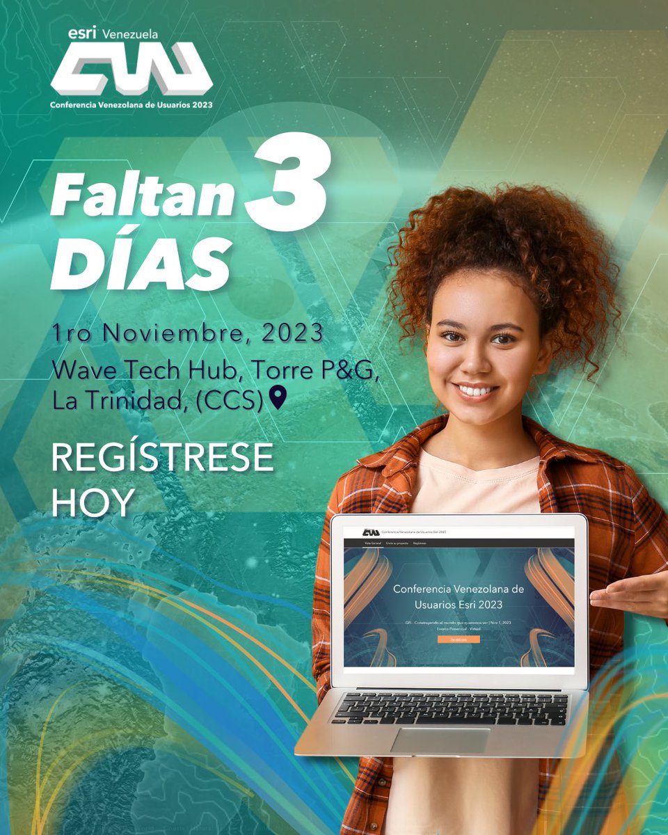 Esri_Venezuela's tweet photo. Faltan 3 días para vivir la experiencia de la #CVU2023 🤩

El próximo miércoles 1ro de Noviembre realizaremos el evento GIS más grande de Venezuela 🇻🇪 
Regístrese ahora en el link https://t.co/GITLkqJ6xA

#gis #sig #eventodetecnologia #conferencia #caracas https://t.co/AFjnaIGxdq