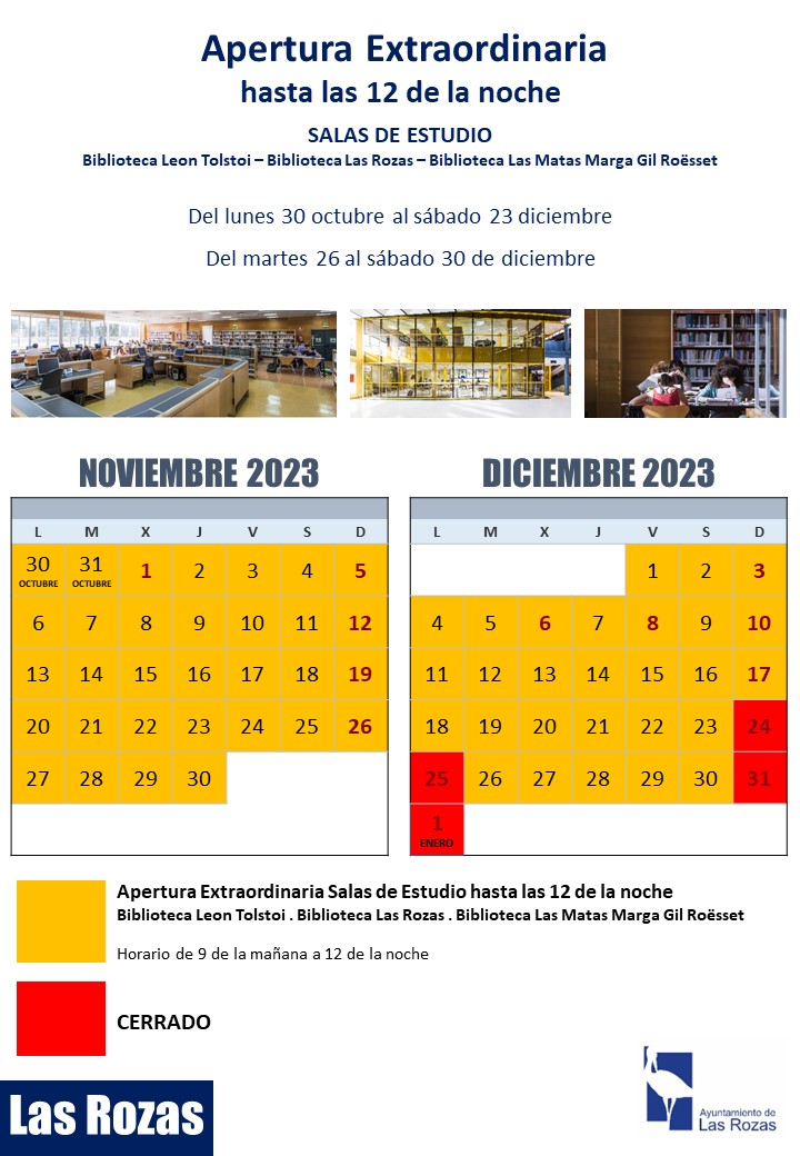 Hoy lunes 30 de Octubre y hasta el sábado 23 de diciembre y del martes 26 al sábado 30 de diciembre, apertura extraordinaria por exámenes de las Salas de Estudio de las tres #BibliotecasDeLasRozas de lunes a domingo de 9 de la mañana a 12 de la noche.
👇
