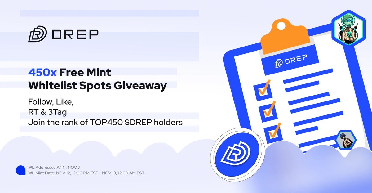 DrepOfficial's tweet photo. 💥 DREP NFT #LFG FREE MINT #Whitelist Spots Unlocked! 
Ready to level up your EXCLUSIVE $DREP privileges?

Here's how:
✅ Follow, Like, RT &amp; Tag 3 Friends
✅ WL guaranteed to TOP450 $DREP token holders
⏳ 7 Days to secure your spot, Join the elite ranks!

🧵More details: https://t.co/IsqciivtWT