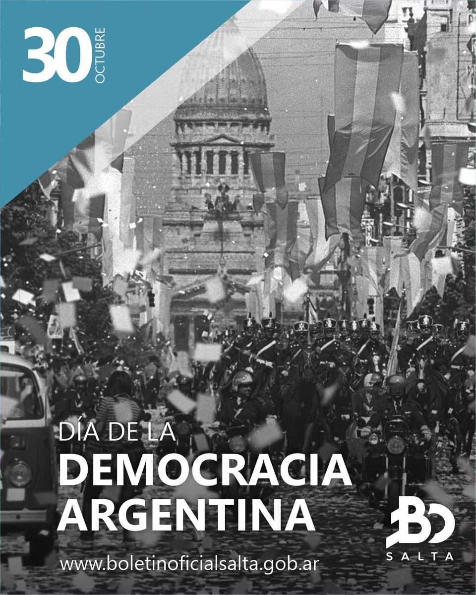 boletinsalta's tweet photo. 40 AÑOS DE LA RECUPERACIÓN DE LA DEMOCRACIA 🇦🇷
Hoy se celebra el Día de la Recuperación de la Democracia, en conmemoración del retorno al estado de derecho, conseguido en 1983, y que fue el punto final al Gobierno de Facto que llevó adelante la dictadura militar  desde 1976. https://t.co/k9JHSSb894