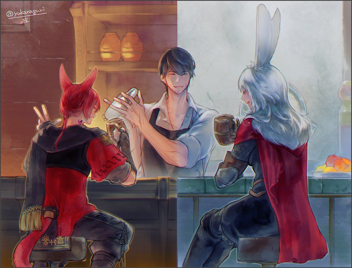 animal ears viera multiple boys miqo'te red hair cat ears sitting  illustration images