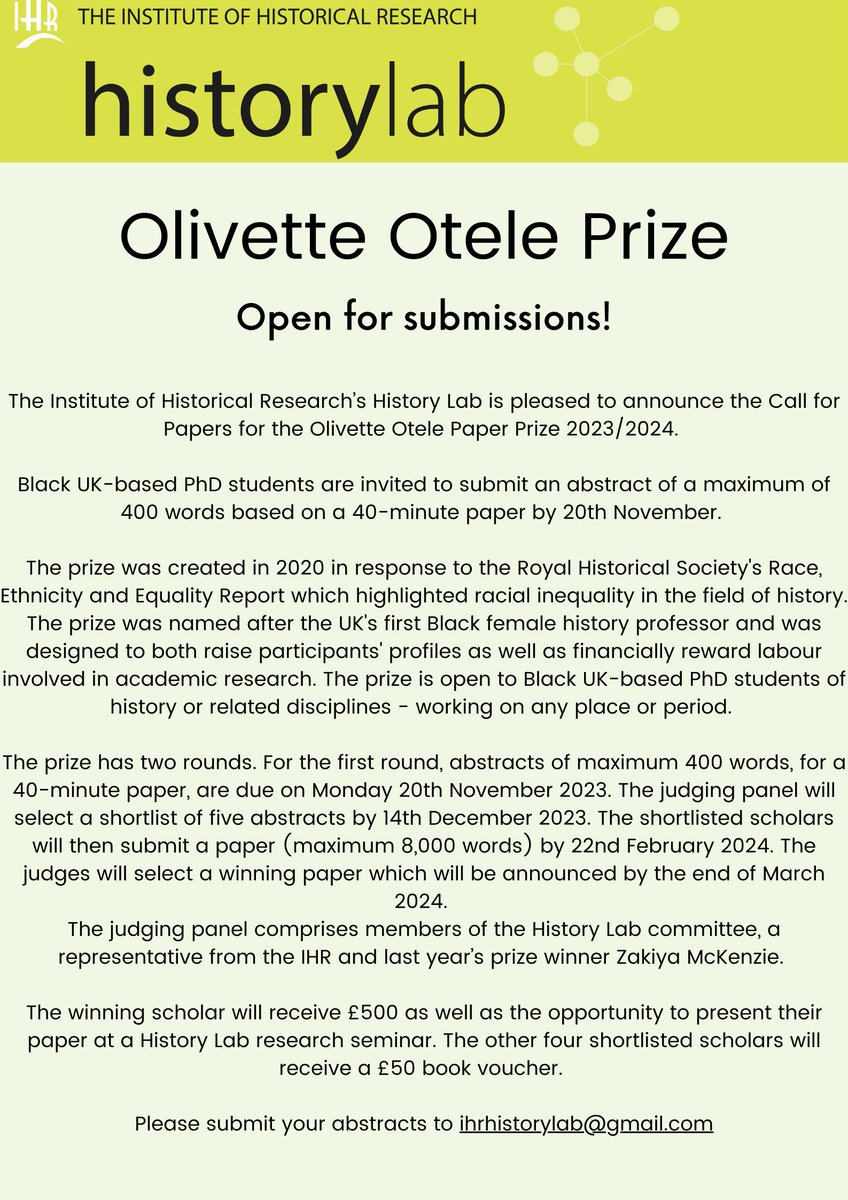 🏆📢 Prize announcement 📢🏆

We are thrilled to announce our #CfP for the Olivette Otele Prize 2023/24! The prize is open to Black PhD students that are UK-based and the winner will receive £500 🎉
First deadline for an abstract (400 words max): 20th Nov. 

More details below...