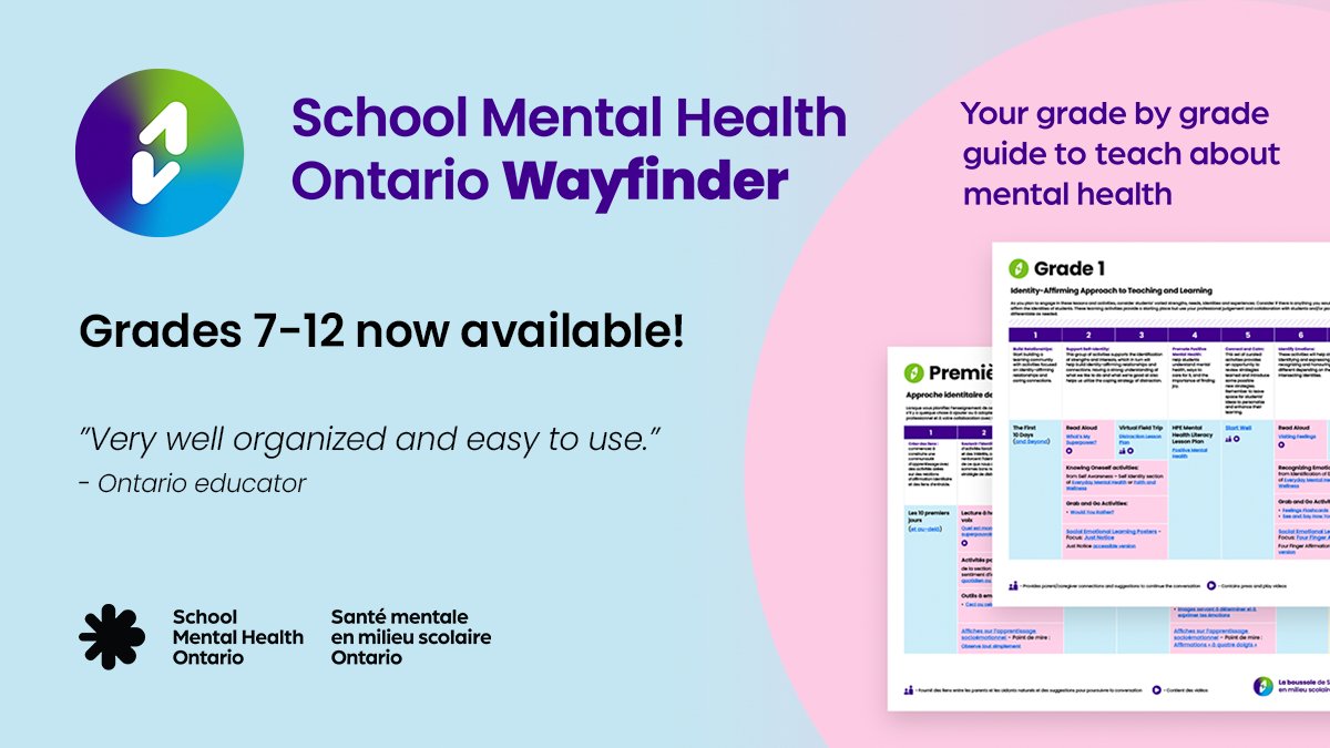 SMHO_SMSO's tweet photo. We are thrilled to announce that Wayfinder 7-12 is here! Grades 7-12 educators: get your downloadable, clickable sequenced guides to teaching mental health now!

Learn more at https://t.co/kj6VZP1hpR.

#SMHOWayfinder https://t.co/qdMJ5v49cL