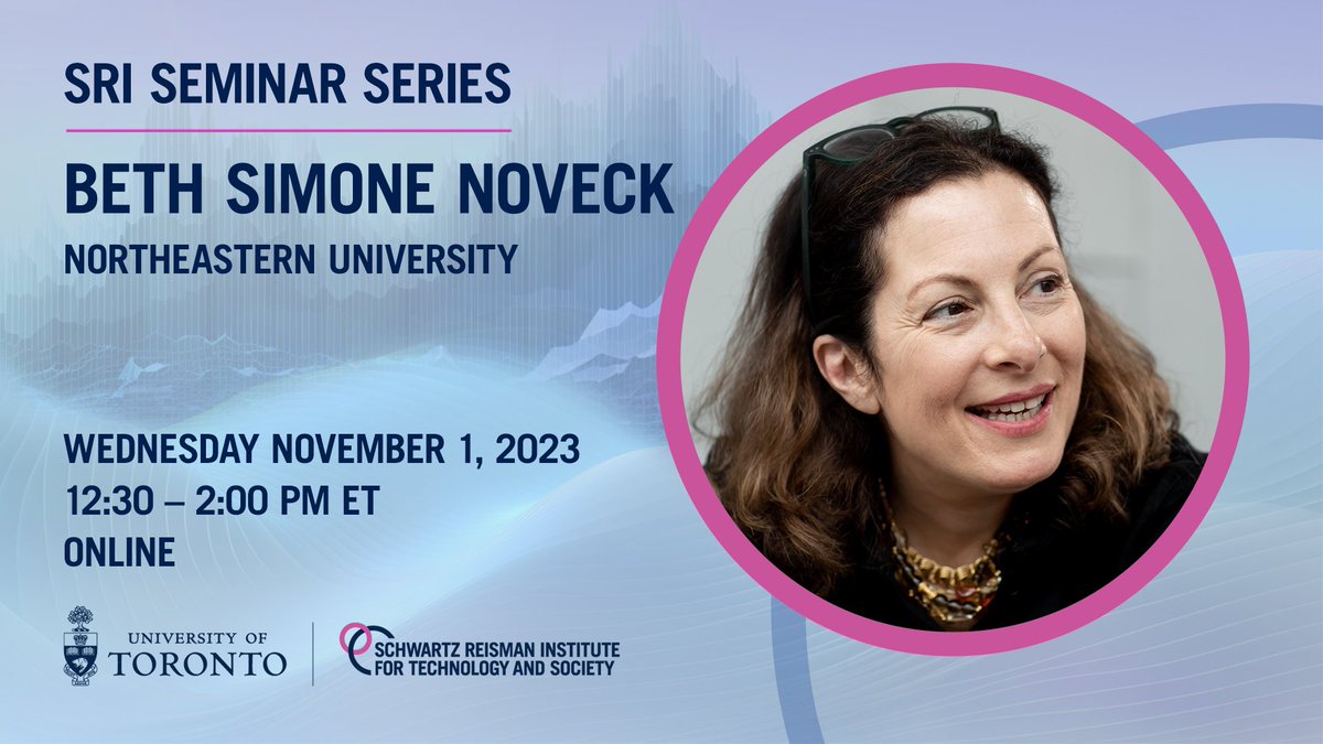 Schwartz Reisman Institute (@torontosri) on Twitter photo 🗓️ Our next SRI Seminar presents <a href="/bethnoveck/">Beth Simone Noveck</a>, director of <a href="/BurnesCenter/">The Burnes Center For Social Change</a> <a href="/TheGovLab/">The GovLab</a>, on using #AI to solve public problems. Wednesday Nov. 1st at 12:30 PM ET.
💡 Talk title: “Unlocking collective intelligence: AI’s role in enhancing democracy”
🔗 Register: bit.ly/3QDMNxA 🗓️ Our next SRI Seminar presents <a href="/bethnoveck/">Beth Simone Noveck</a>, director of <a href="/BurnesCenter/">The Burnes Center For Social Change</a> <a href="/TheGovLab/">The GovLab</a>, on using #AI to solve public problems. Wednesday Nov. 1st at 12:30 PM ET.
💡 Talk title: “Unlocking collective intelligence: AI’s role in enhancing democracy”
🔗 Register: bit.ly/3QDMNxA