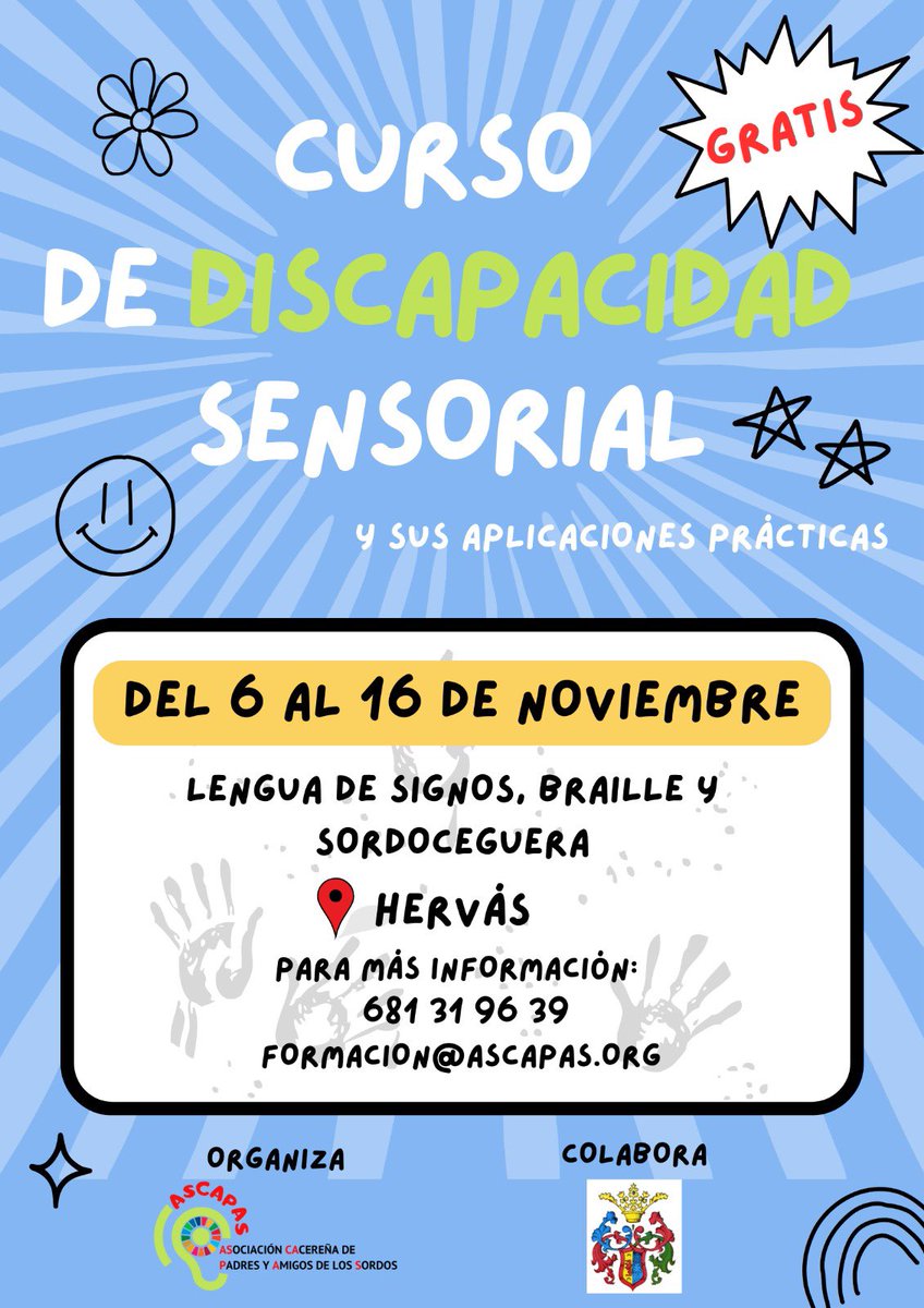 📚 FORMACIÓN 📚 

Curso de discapacidad sensorial y sus aplicaciones prácticas.

Del 6 al 16 de noviembre.

📍Hervás.

Para más información:

681319639

formacion@ascapas.org

¡QUEREMOS QUE NOS OIGAS!