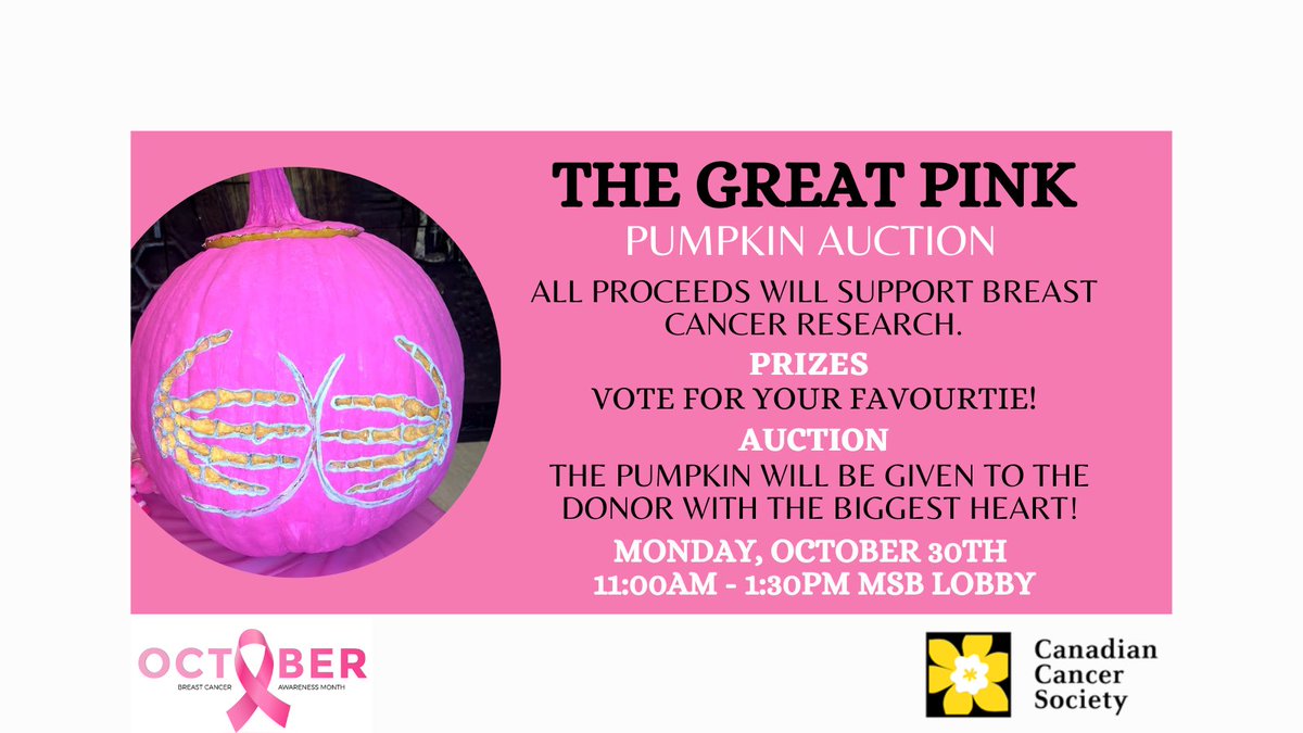 Happy Halloween Eve @WesternU The Great Pink Pumpkin has arrived! Join us in the MSB lobby @SchulichMedDent today from 11:00 am to 1:30 pm for the Great Pink Pumpkin Auction. Bid on beautifully painted pumpkins and support #BreastCancerResearch #BreastCancerAwarenessMonth