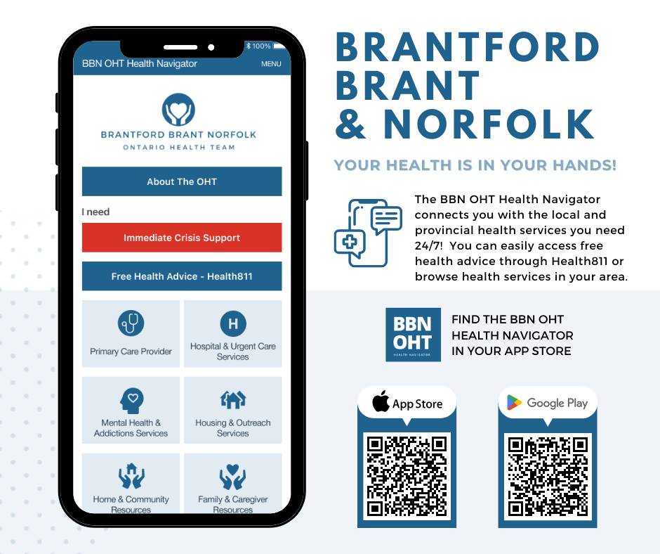 Big News from BBNOHT 

Introducing the BBN OHT Health Navigator app, your all-in-one tool for seamless healthcare access in Brantford, Brant, and Norfolk! 

📱 Available for FREE on Apple and Google Play stores – simply search "BBN OHT Health Navigator."
