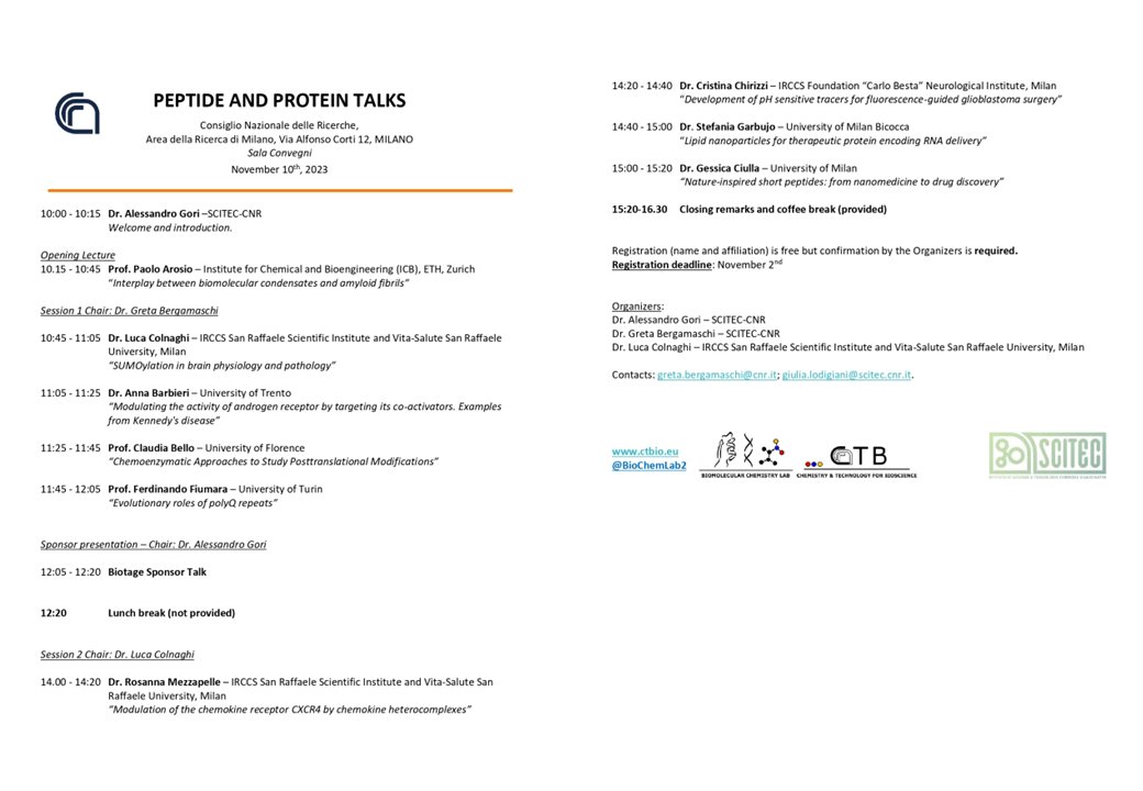 Biomolecular Chemistry Lab @ CNR-Milano (@biochemlab2) on Twitter photo SAVE THE DATE: November 10📷#PEPTIDE AND #PROTEIN TALKS workshop. Scientific talks to foster scientific discourse, networking and collaboration. Program attached-registration free but required⬇️: docs.google.com/forms/d/e/1FAI… (number of participants is limited)
<a href="/cnr_scitec/">CNR - SCITEC</a> <a href="/CNRsocial_/">CNR Consiglio Nazionale delle Ricerche</a> SAVE THE DATE: November 10📷#PEPTIDE AND #PROTEIN TALKS workshop. Scientific talks to foster scientific discourse, networking and collaboration. Program attached-registration free but required⬇️: docs.google.com/forms/d/e/1FAI… (number of participants is limited)
<a href="/cnr_scitec/">CNR - SCITEC</a> <a href="/CNRsocial_/">CNR Consiglio Nazionale delle Ricerche</a>