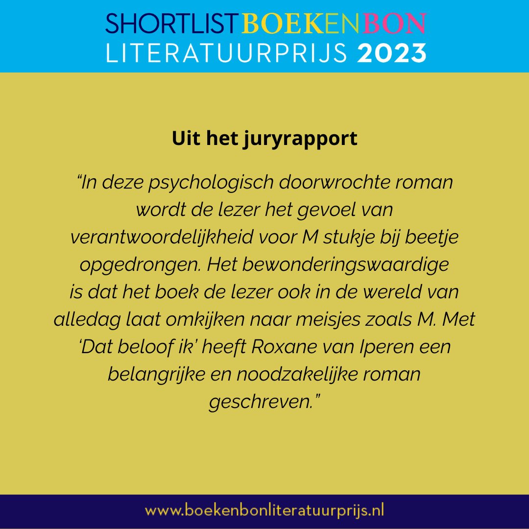 De genomineerden!
‘Dat beloof ik’ van <a href="/roxanevaniperen/">Roxane van Iperen</a> (@uitg_thomasrap) staat op de shortlist voor de Boekenbon Literatuurprijs 2023.
De jury vertelt op de tweede slide waarom dit boek genomineerd is.
Op donderdag 9 november wordt, in de Grote Kerk, de winnaar bekend gemaakt.
