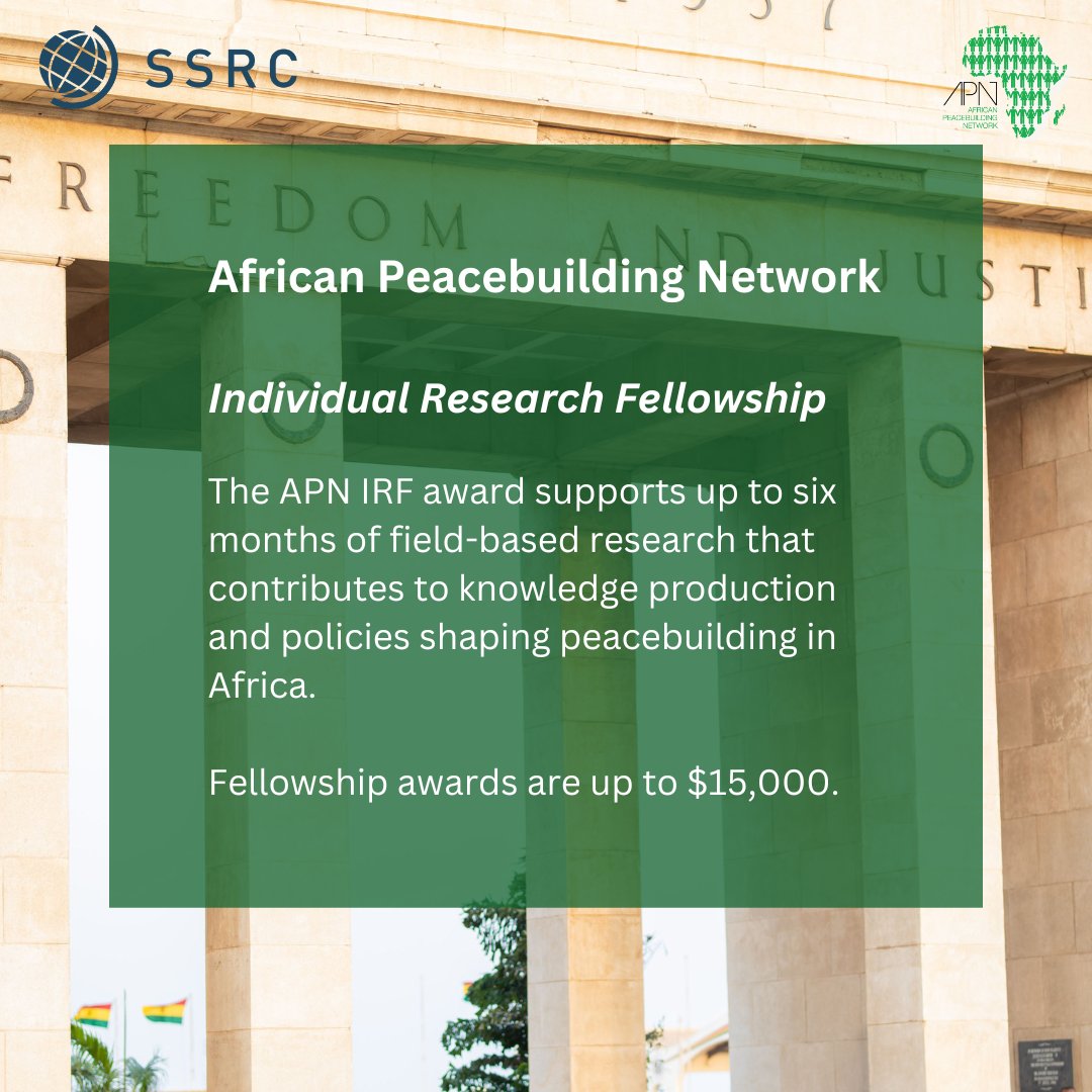 The APN IRF award supports up to six months of field-based research that contributes to knowledge production and policies shaping peacebuilding in Africa. Fellowship awards are up to $15,000.

ssrc.org/programs/afric…